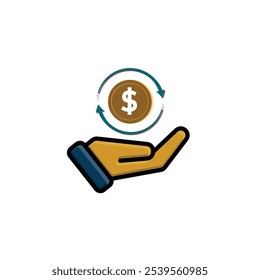 coin icon. cash back with dollar symbol in hand. The dollar coin is surrounded by two arrows forming a circle, indicating continuous movement. flat design style