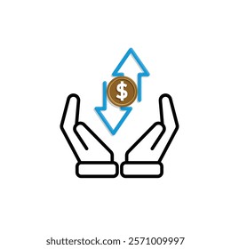 coin icon. cash back with dollar in hand. money management vector, business and finance icon, indicating continuous movement. mixed design style