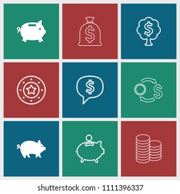 Coin icon. collection of 9 coin filled and outline icons such as pig, money box, casino chip, dollar sign in cloud, piggy bank. editable coin icons for web and mobile.