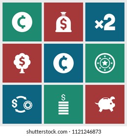 Coin icon. collection of 9 coin filled icons such as casino chip, money tree, casino chip and money, casino bet, money sack. editable coin icons for web and mobile.