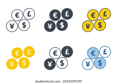 Coin icon collection with different styles. Dollar, Euro, Pound and Yen currency icon symbol vector illustration isolated on white background