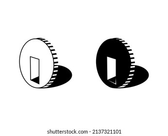 Icono de moneda con puerta y sombra. El concepto de ganar dinero, el camino a las grandes ganancias. icono de logotipo