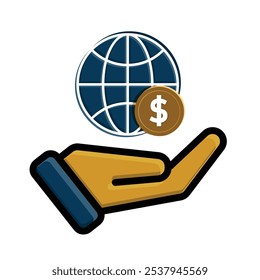Münzsymbol. Erde und Münze in der Hand. Vektor Internationales Geld Globale Finanzen für Banken und Wirtschaft. flacher Designstil. Entwurfsvorlage