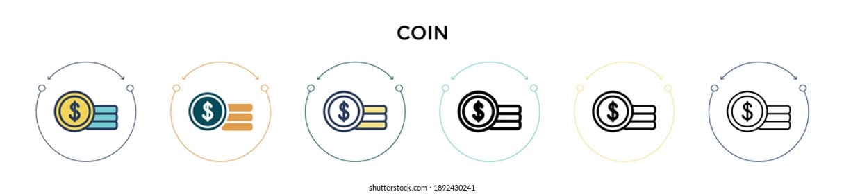 Coin icon in filled, thin line, outline and stroke style. Vector illustration of two colored and black coin vector icons designs can be used for mobile, ui, web