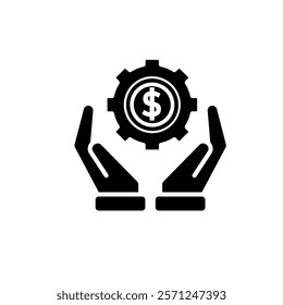 Coin icon. financial gear in hand. money management vector, business and finance icon. solid design style. for financial education, web, management