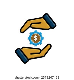 Coin icon. financial gear in hand. money management vector, business and finance icon. flat color design style. for financial education, web, management