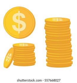 Coin icon in flat design. Gold dollar symbol. Income concept. Heap of cash dollar coin - vector illustration.