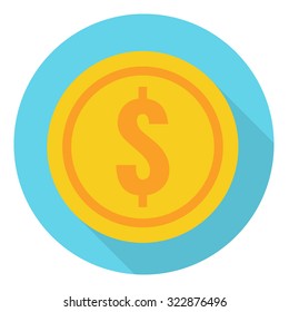 Coin icon, flat design with long shadow
