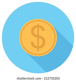 Coin icon. Flat design style modern vector illustration. Isolated on stylish color background. Flat long shadow icon. Elements in flat design.