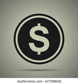 Coin icon in flat style, black and white colors, isolated