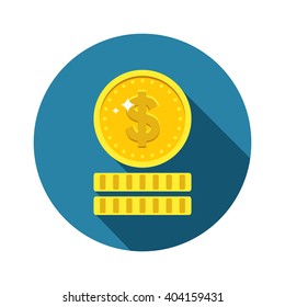 Coin icon in flat style with long shadow. Pocket money symbol. Small or short change sign