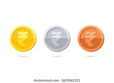 Coin Icon with Indian Rupee Currency Symbol Vector Set. Illustration of shiny gold, silver, bronze coins. Financial, economic, crypto, investment design concepts.
