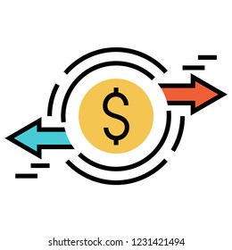 Coin icon with left and right arrows vector illustration in flat outline design