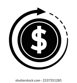 coin icon. money back with dollar symbol, A dollar coin is surrounded by two arrows forming a circle, indicating continuous movement. simple design style. vector template design