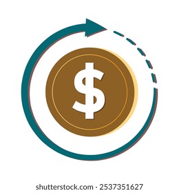 coin icon. money back with dollar symbol, A dollar coin is surrounded by two arrows forming a circle, indicating continuous movement. flat design style. vector template design