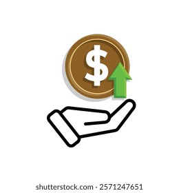 coin icon. money strengthens or rises in hand. money management vector, business and finance icon, showing continuous movement. Mixed design style