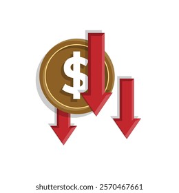 coin icon. money weakens, falls. money management vector, business and finance icon, showing continuous movement. flat color design style