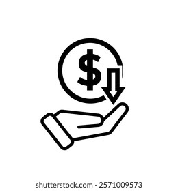 coin icon. money weakens or falls in hand. money management vector, business and finance icon, showing continuous movement. Line design style