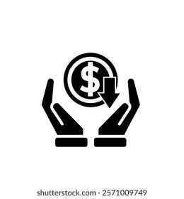 coin icon. money weakens or falls in hand. money management vector, business and finance icon, showing continuous movement. Solid design style