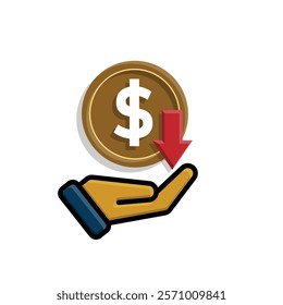 coin icon. money weakens or falls in hand. money management vector, business and finance icon, showing continuous movement. flat color design style