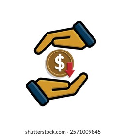 coin icon. money weakens or falls in hand. money management vector, business and finance icon, showing continuous movement. flat color design style