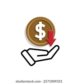 coin icon. money weakens,falls in hand. money management vector, business and finance icon, showing continuous movement. Mixed design style