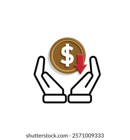 coin icon. money weakens,falls in hand. money management vector, business and finance icon, showing continuous movement. Mixed design style