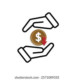 coin icon. money weakens,falls in hand. money management vector, business and finance icon, showing continuous movement. Mixed design style