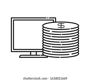 coin icon on the computer. Outline computer icons isolated coins icon
