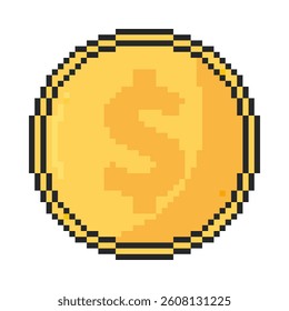 Coin icon. Pixel art object in 8 bit style. Isolated vector illustration