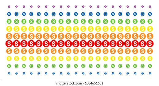 Coin icon rainbow colored halftone pattern. Vector items organized into halftone grid with vertical spectrum gradient. Constructed for backgrounds, covers, templates and abstraction compositions.