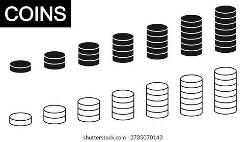 Coin icon set. 1 to 7 Coins.  set of 7 stacks of money icon. Coins icon Outline vector, illustration.