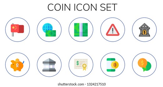 coin icon set. 10 flat coin icons.  Collection Of - china, piggy bank, economy, bank, money, investment, sign, bitcoin