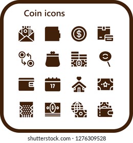  coin icon set. 16 filled coin icons. Simple modern icons about  - Money, Wallet, Coin, Payment, Currency, Purse, Dodge, Billfold, Saint Patrick, Shelter, Slot machine, Economy