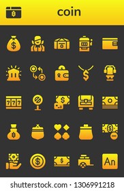 coin icon set. 26 filled coin icons.  Collection Of - Money bag, Bitcoin, Croupier, Chest, Slot machine, Billfold, Financial, Currency, Wallet, Dollar, Sign, Payment, Money, Purse