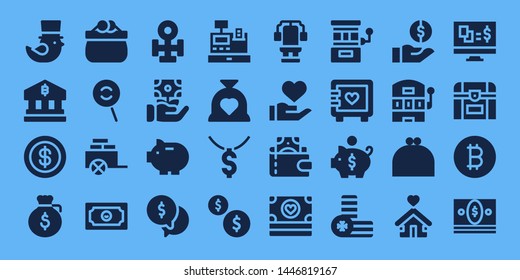 coin icon set. 32 filled coin icons. on blue background style Simple modern icons about  - Saint Patrick, Bank, Coin, Dollar, Purse, Dodge, Cart, Money, Copper, Piggy bank, Cash register