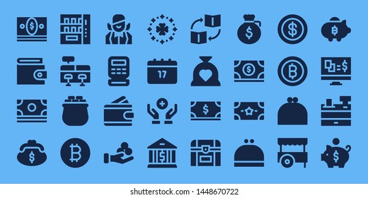 coin icon set. 32 filled coin icons. on blue background style Simple modern icons about  - Money, Wallet, Purse, Vending machine, Cash register, Gold, Bitcoin, Croupier, Saint Patrick