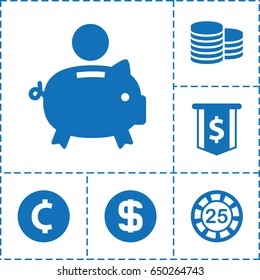 Coin icon. set of 6 coin filled icons such as 25 casino chip, piggy bank