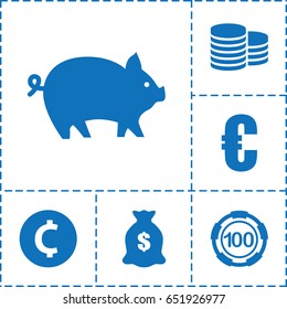Coin icon. set of 6 coin filled icons such as pig, 100 casino chip, money sack