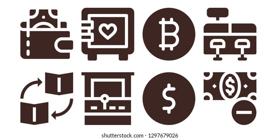  coin icon set. 8 filled coin icons. Simple modern icons about  - Trade, Wallet, Arcade machine, Strongbox, Coin, Bitcoin, Money, Cash register