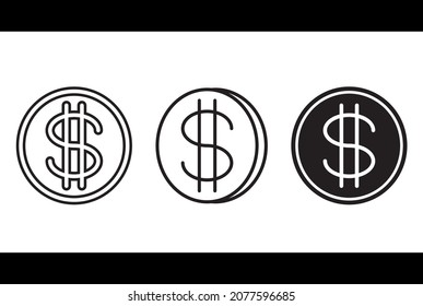 Juego de iconos de moneda. Conjunto de monedas blancas y negras aisladas sobre fondo blanco. Iconos de monedas en dólares planos y contorno.