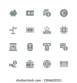 coin icon set. Collection of 16 filled coin icons included Banknote, Coin, Wallet, Money, Coins, Withdraw, Arcade machine, Bitcoin, Sign, Euro, Piggy bank