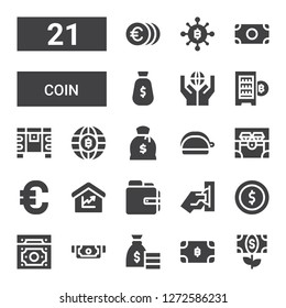 coin icon set. Collection of 21 filled coin icons included Money, Bitcoin, Money bag, Cash, Coin, Insert coin, Wallet, Amount, Euro, Chest, Purse, Digital currency, Donation