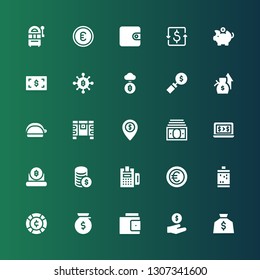 coin icon set. Collection of 25 filled coin icons included Money bag, Cash, Wallet, Money, Coin, Slot machine, Euro, Payment, Bitcoin, Bank, Income, Chest, Purse, Salary, Piggy bank