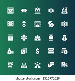 coin icon set. Collection of 25 filled coin icons included Donation, Payment, Gold, Money, Jackpot, Dollar, Poker, Money bag, Coin, Clover, Arcade machine, Banknote, Coins, Chest