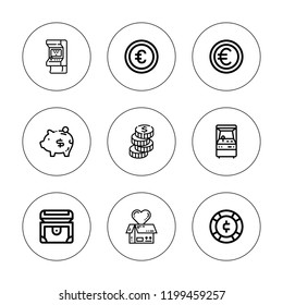 Coin icon set. collection of 9 outline coin icons with arcade, arcade machine, chest, coin, coins, donation, euro, euros icons. editable icons.