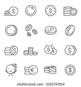 Coin icon set. Collection of coins icons, dollar and euro, linear design. Line with editable stroke