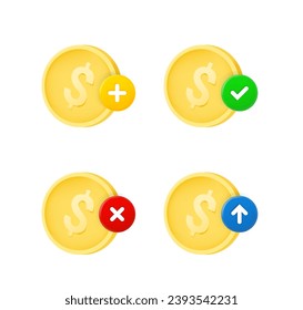 Coin icon set with different pictograms. 3d vector icons set