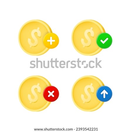 Coin icon set with different pictograms. 3d vector icons set