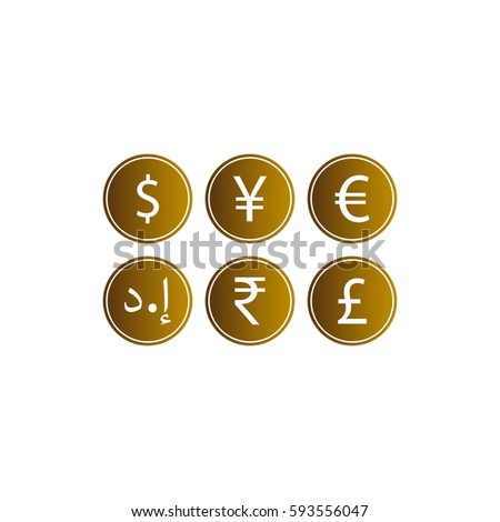 Coin icon set Dollar, Yen, Yuan, Euro, Dirham, Rupee, Pound sterling.
Gold coins isolated on white background